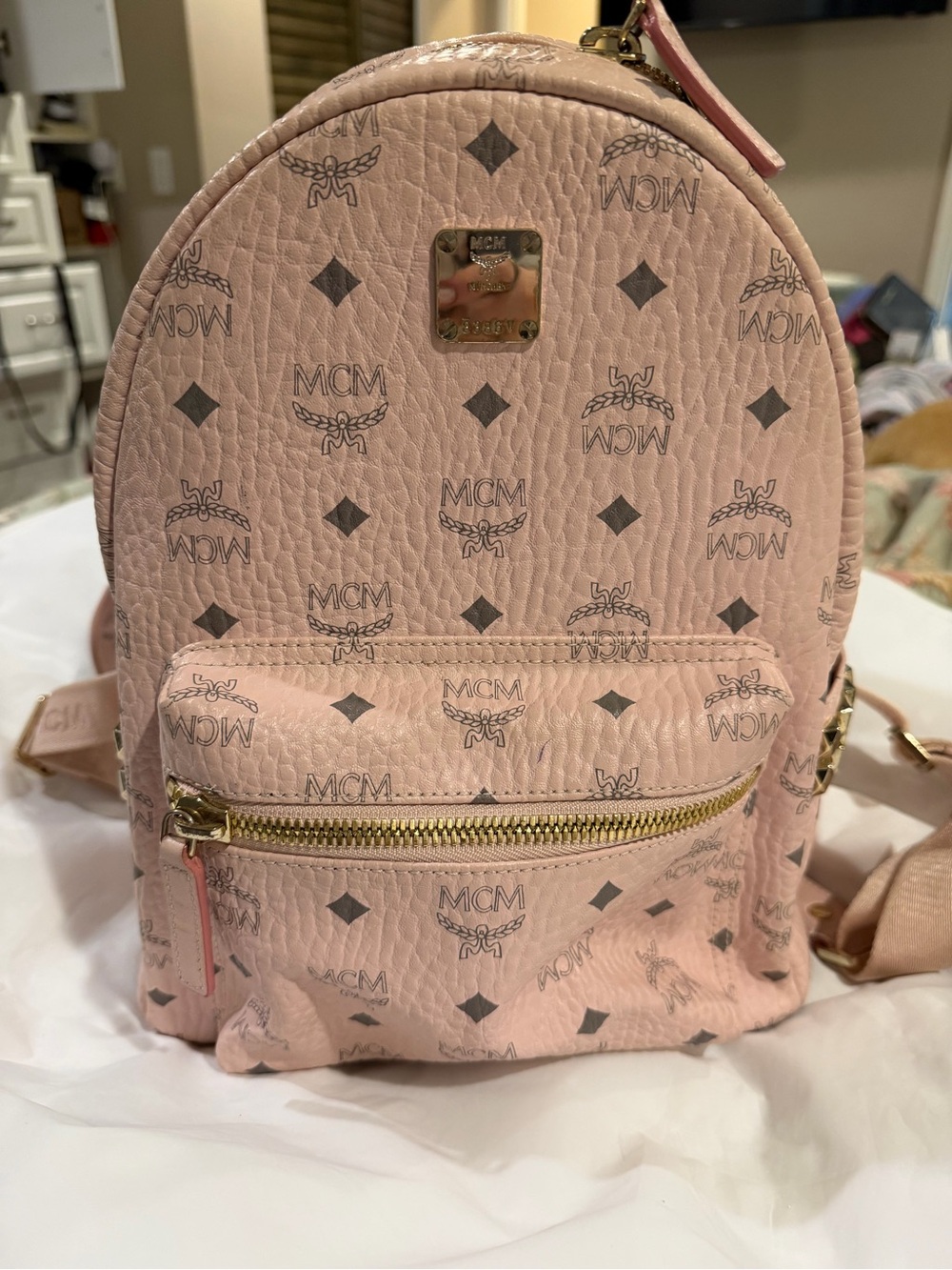 MCM Pale Pink Visetos Mini Backpack with Gold Hardware